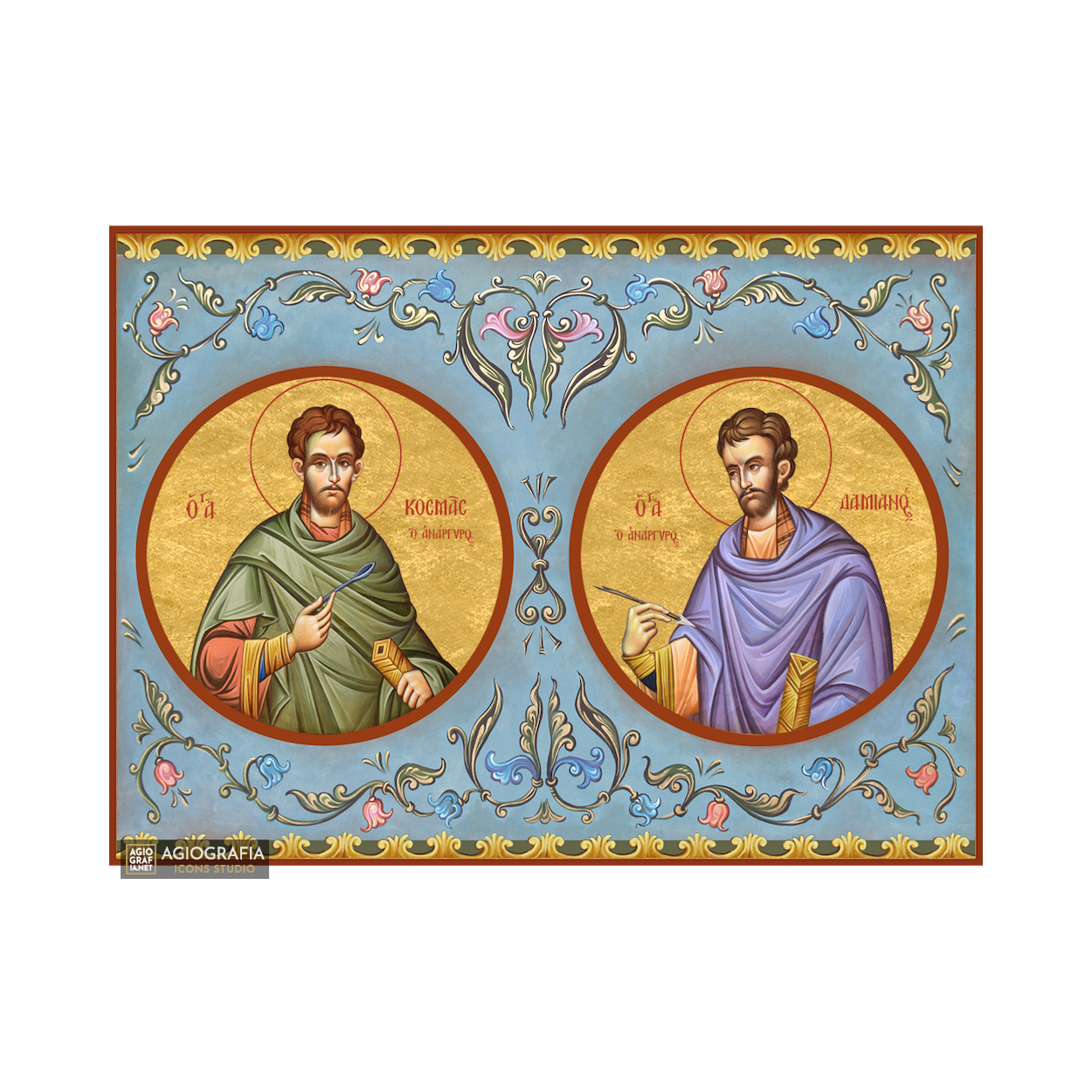 22k Holy Saints Unmercenaries - Gold Leaf Background Orthodox Icon