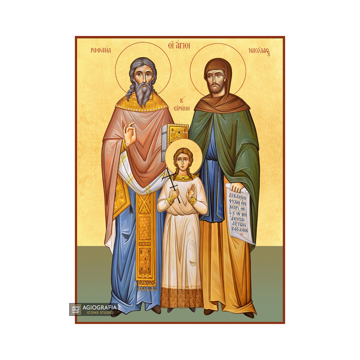 22k Sts Raphael - Nicholas - Irene - Gold Leaf Christian Orthodox Icon