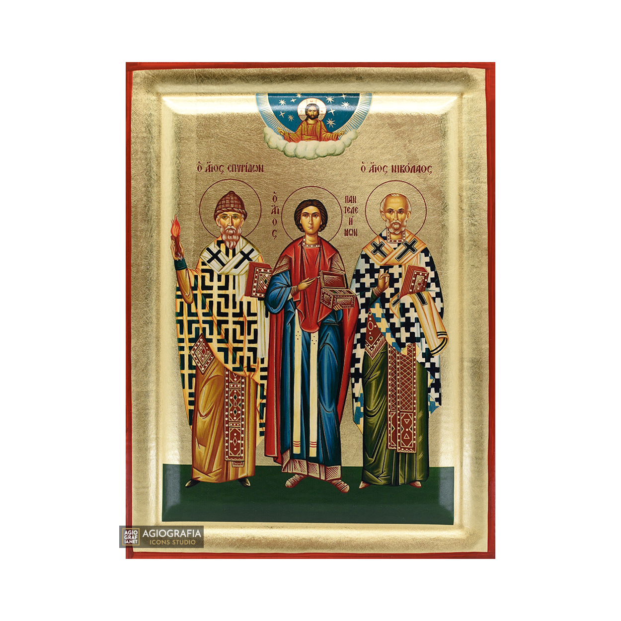 Saints Spiridon - Panteleimon - Nicholas Christian Icon with Gold Leaf
