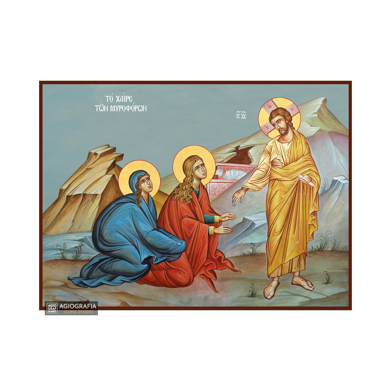 Greeting of MyrrhBearing Women Christian Icon with Blue Background