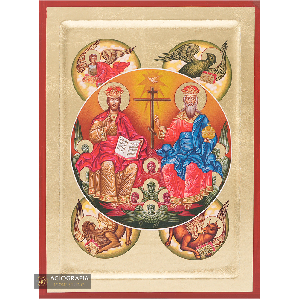 18k The Holy Trinity with the 4 Evangelists Icon with Gold Leaf