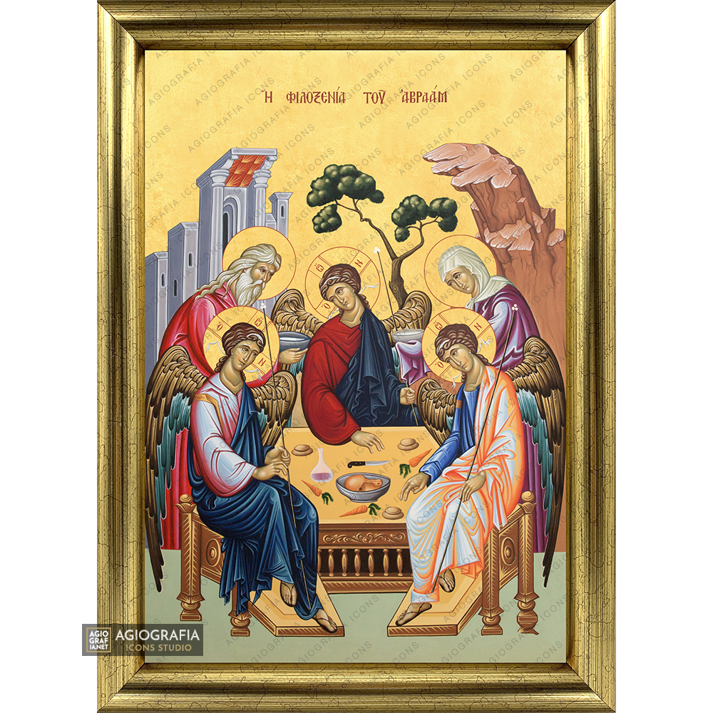 22k Holy Trinity & hospitality of Abraham Framed Icon with Gold Leaf