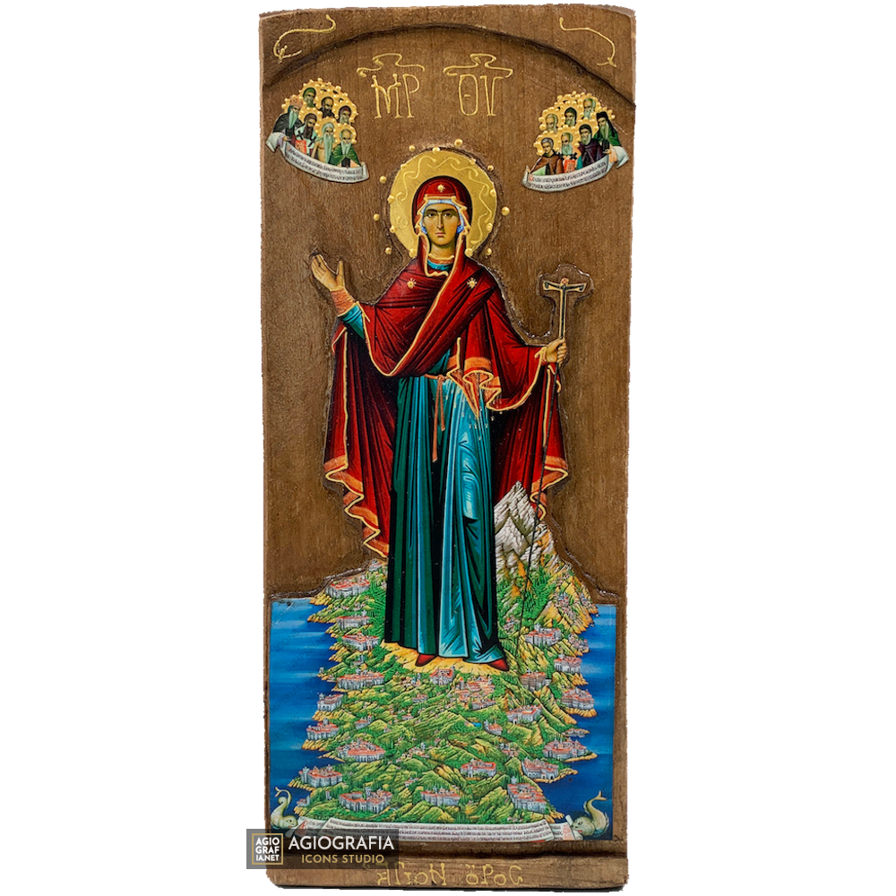 Virgin Mary of Mount Athos Orthodox Gold Print Icon on Carved Wood