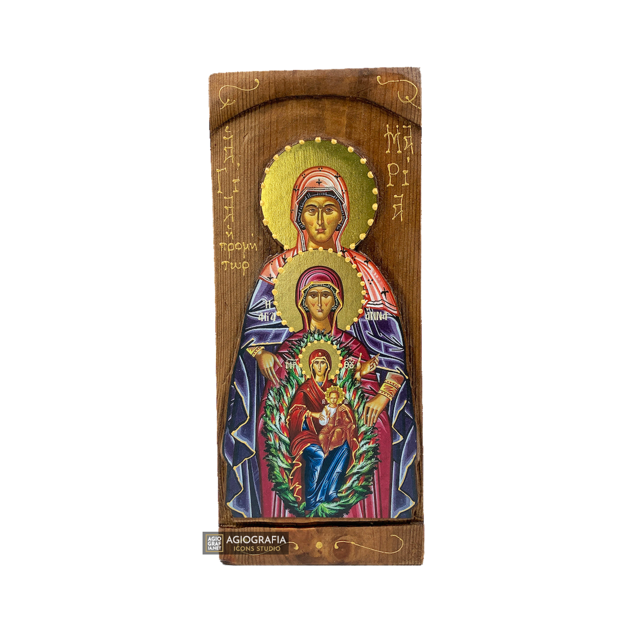 Virgin Mary Ancestors - St Anne St Maria Greek Gold Print Carved Icon