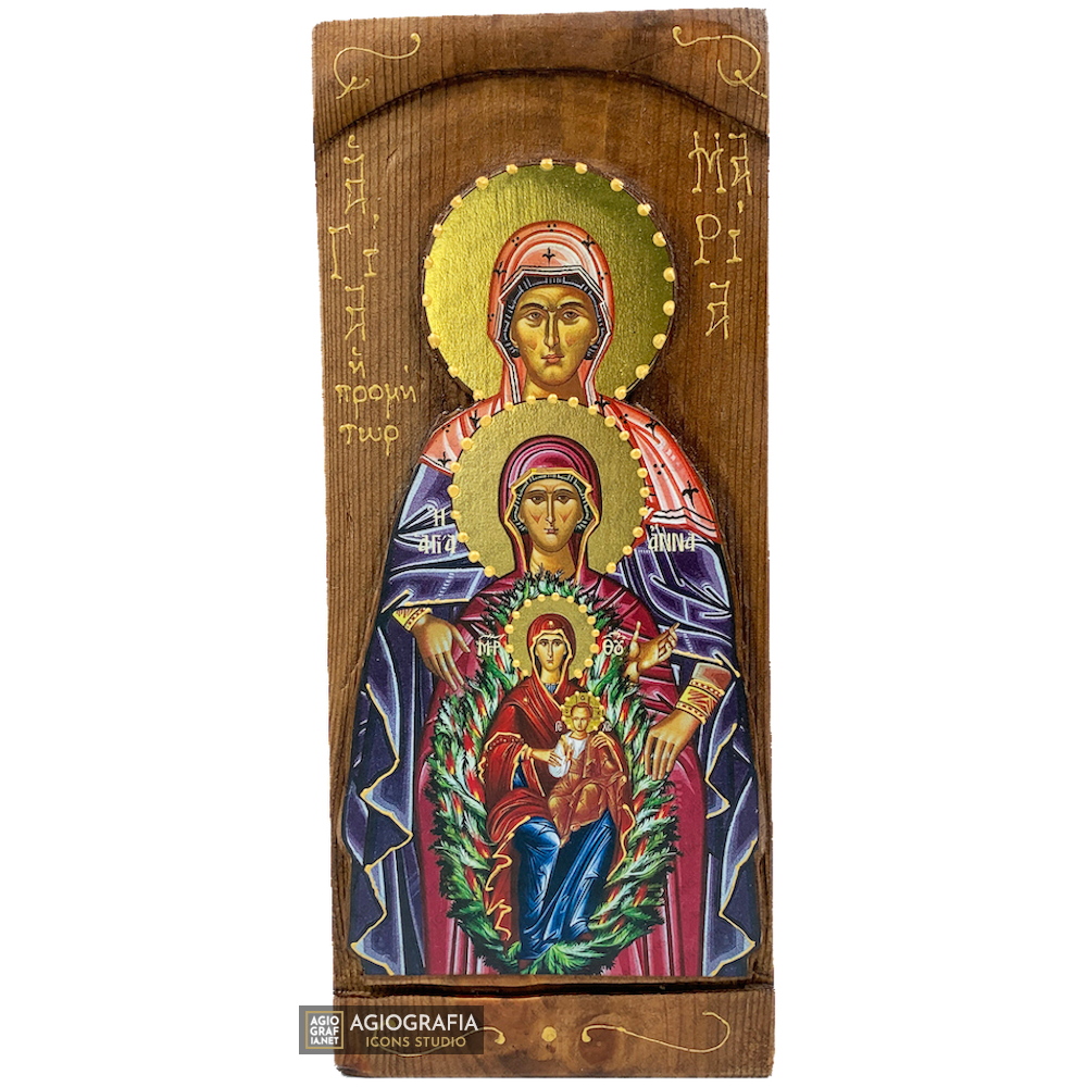 Virgin Mary Ancestors - St Anne St Maria Greek Gold Print Carved Icon