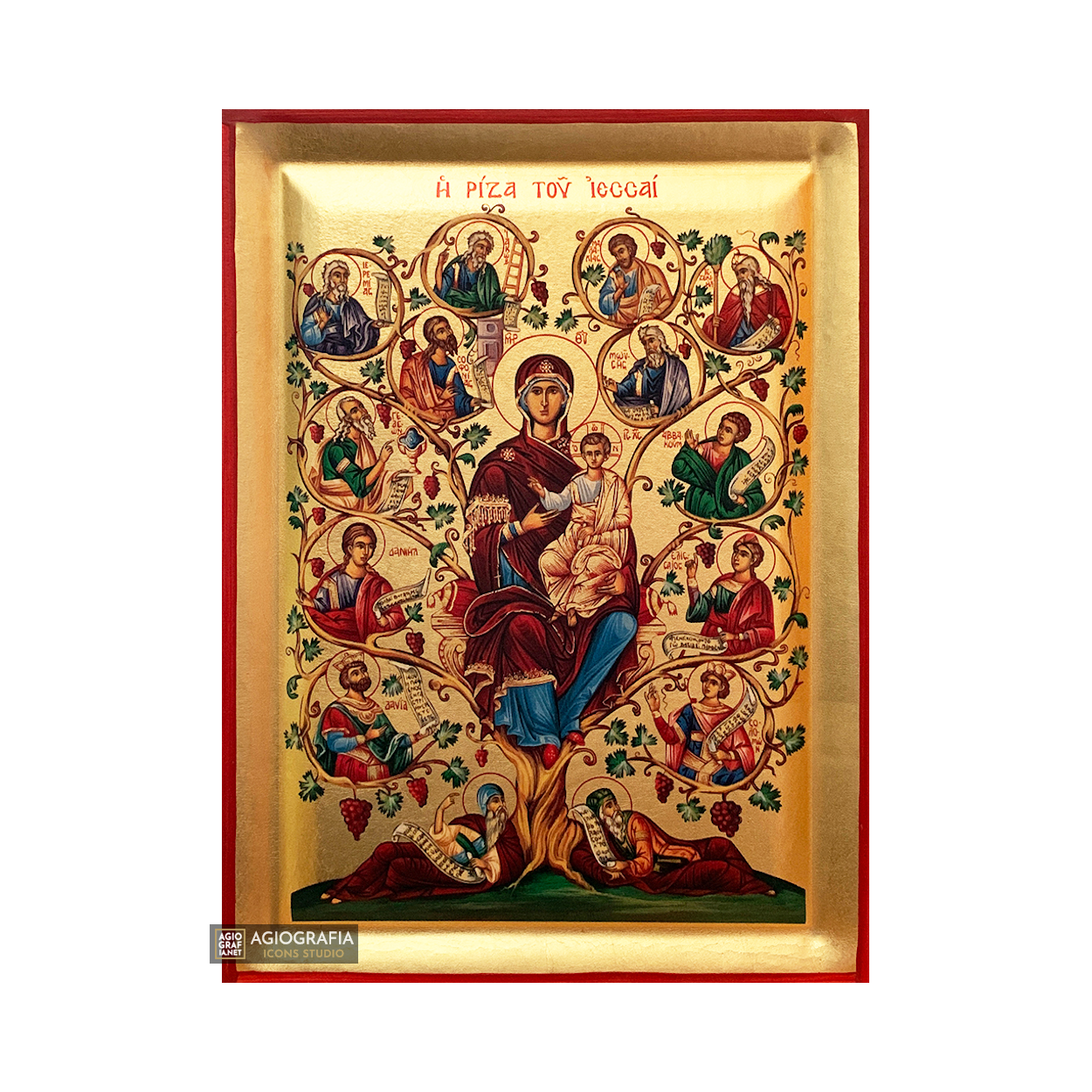 Virgin Mary Tree of Jesse Greek Orthodox Wood Icon with Gold Leaf