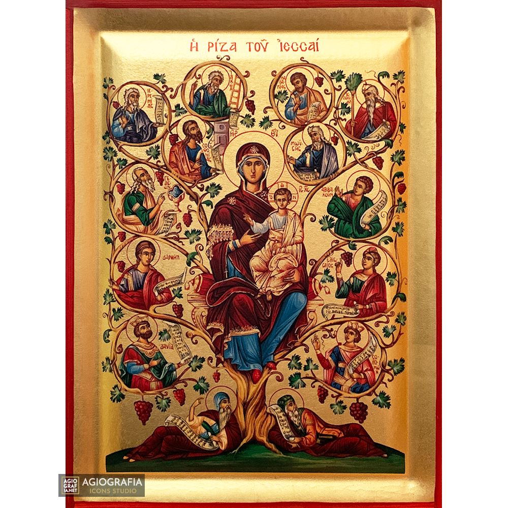 Virgin Mary Tree of Jesse Greek Orthodox Wood Icon with Gold Leaf