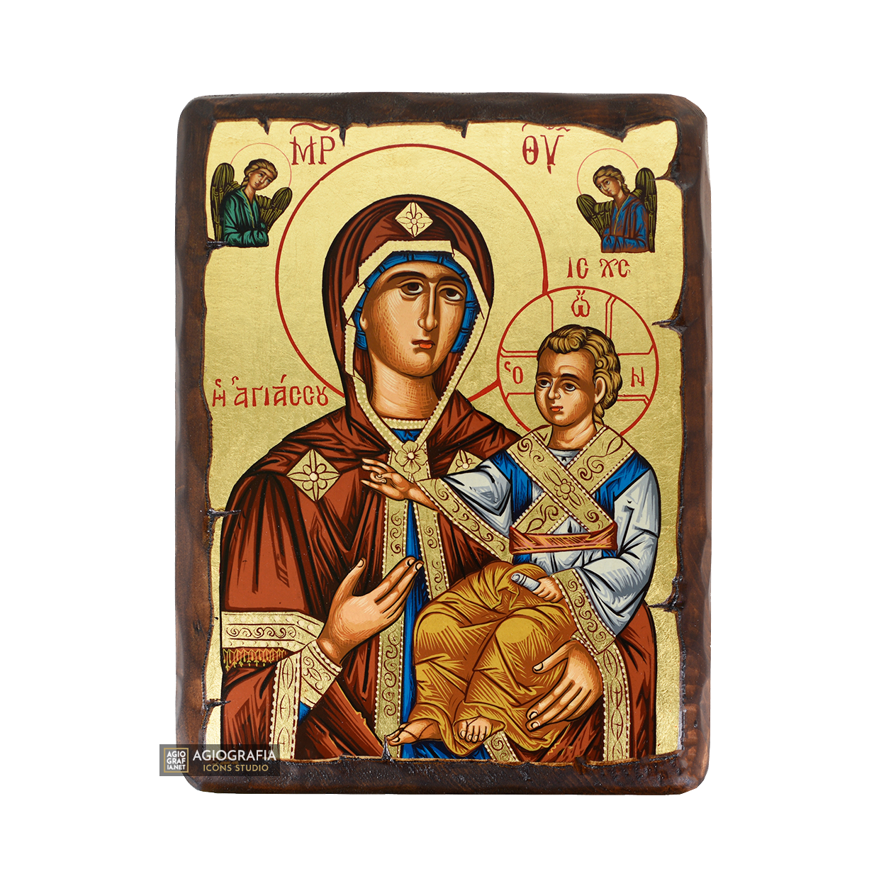 Virgin Mary of Agiassou Greek Orthodox Wood Icon with Gold Leaf