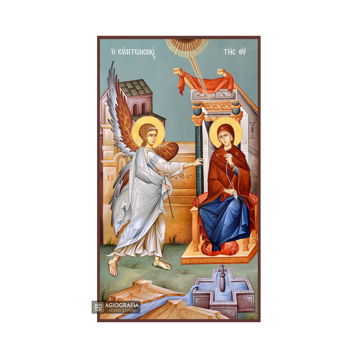 Annunciation of Theotokos Orthodox Icon with Blue Background