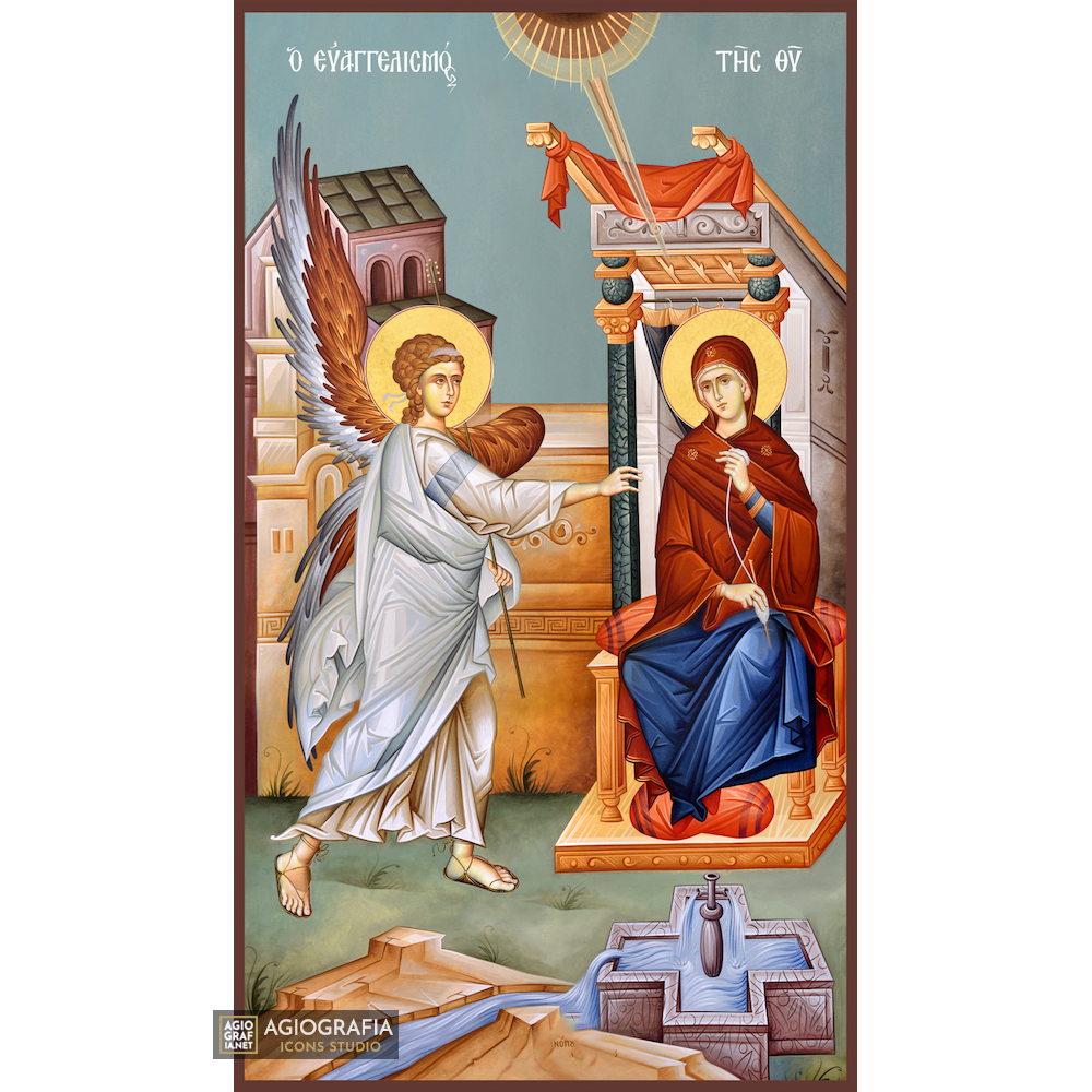 Annunciation of Theotokos Orthodox Icon with Blue Background