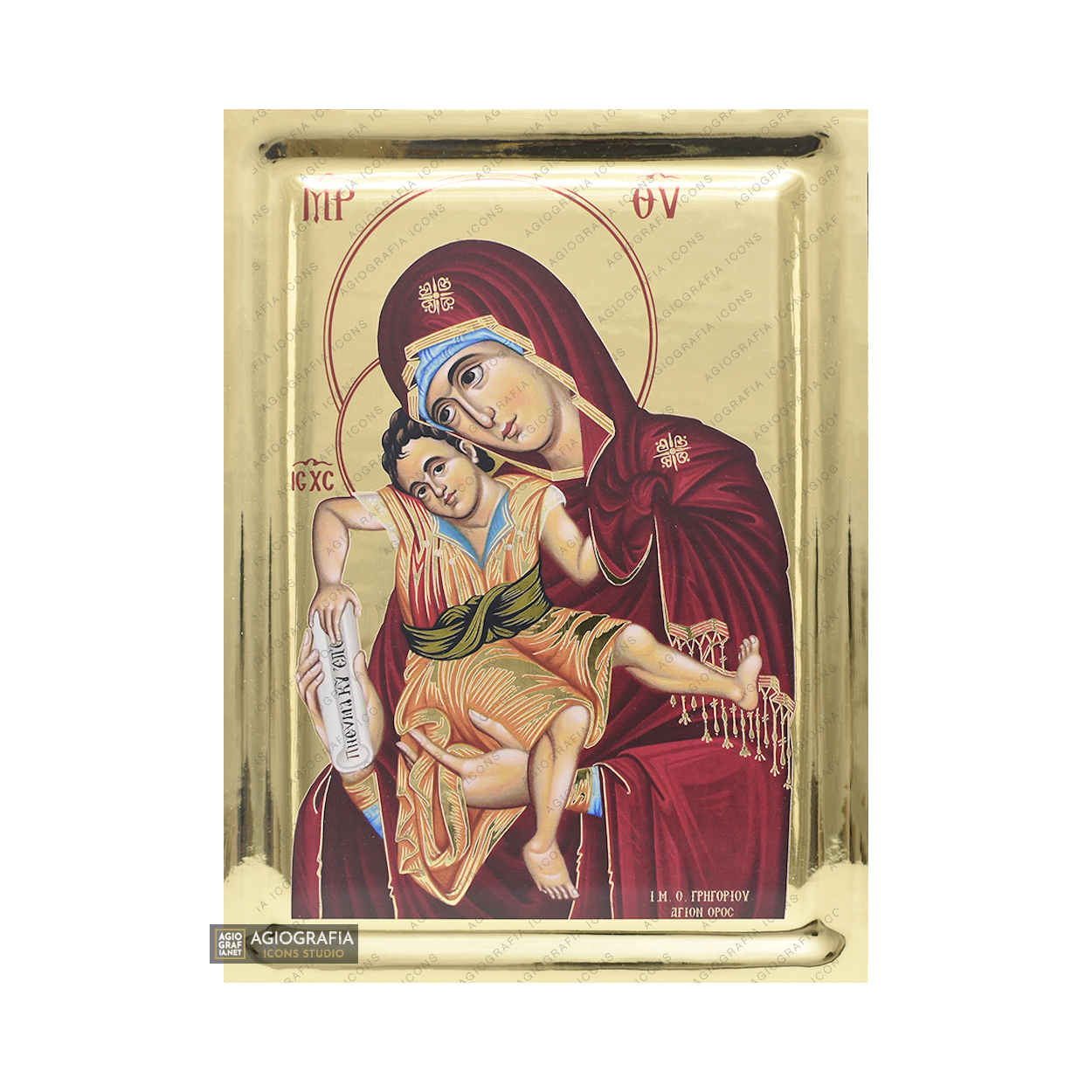 Virgin Mary Axion Esti Orthodox Icon on Wood with Gilding Effect