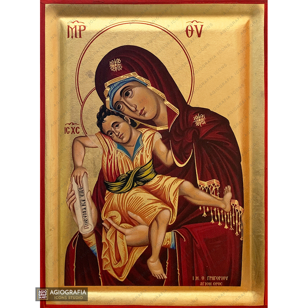 Virgin Mary Axion Esti Orthodox Icon on Wood with Gold Leaf