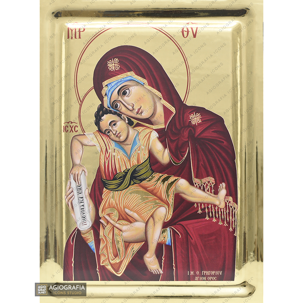 Virgin Mary Axion Esti Orthodox Icon on Wood with Gilding Effect