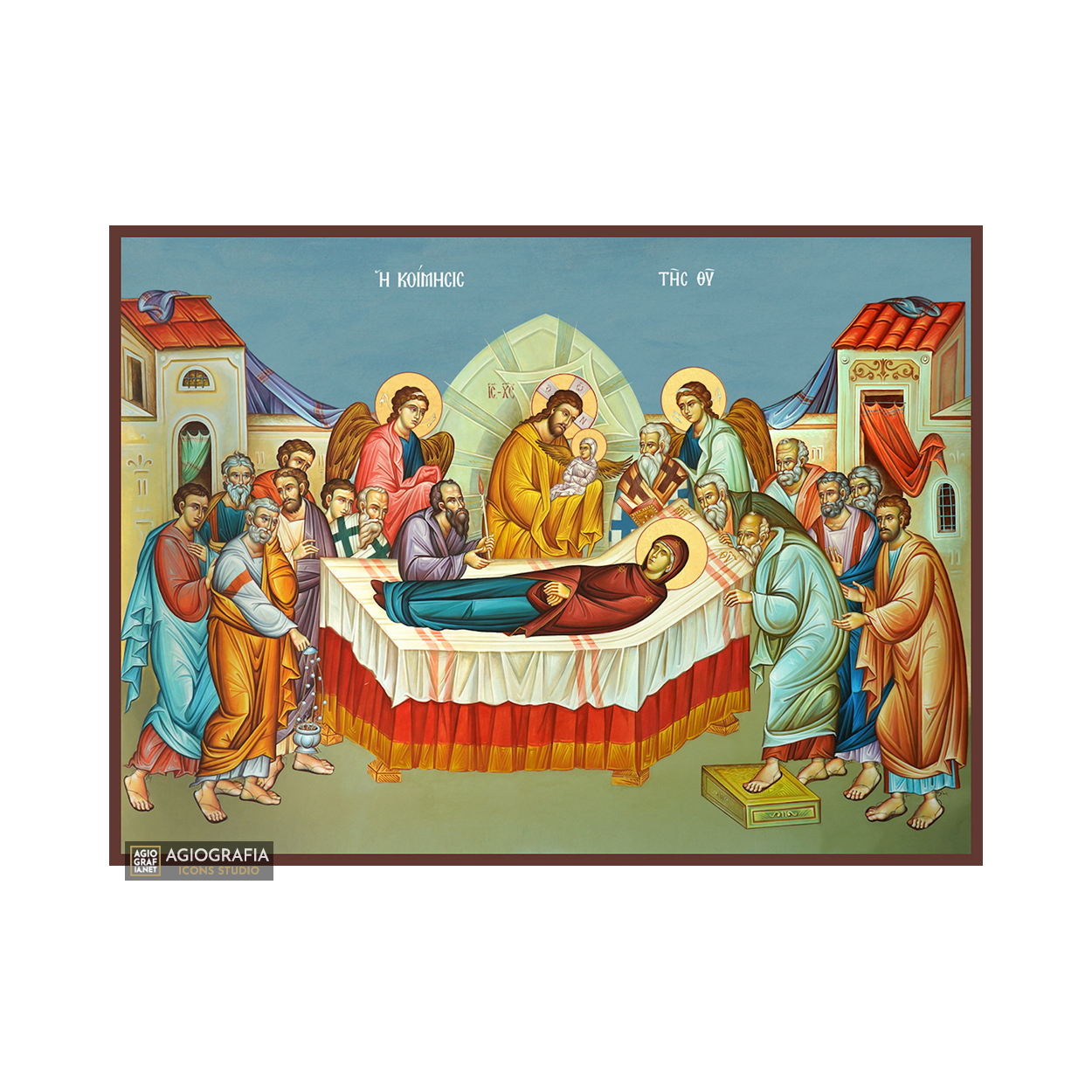 Dormition of Virgin Mary Orthodox Wood Icon with Blue Background