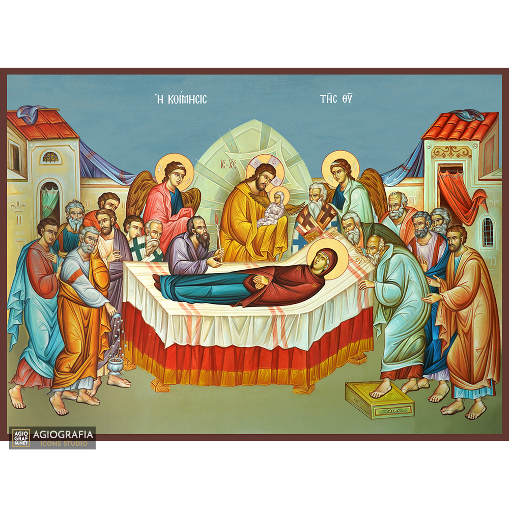 Dormition of Virgin Mary Orthodox Wood Icon with Blue Background