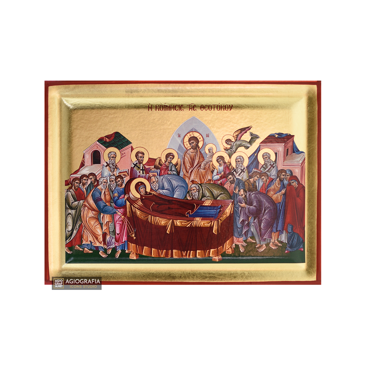 Virgin Mary Dormition Greek Orthodox Wood Icon with Gold Leaf