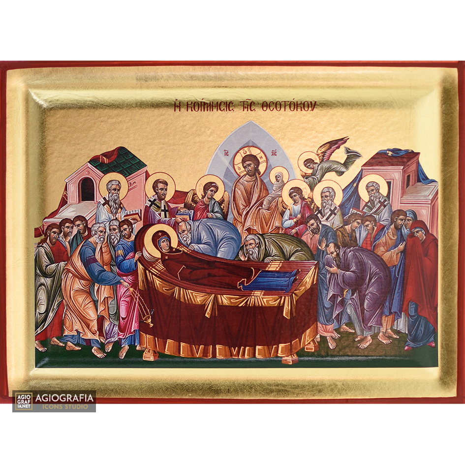Virgin Mary Dormition Greek Orthodox Wood Icon with Gold Leaf