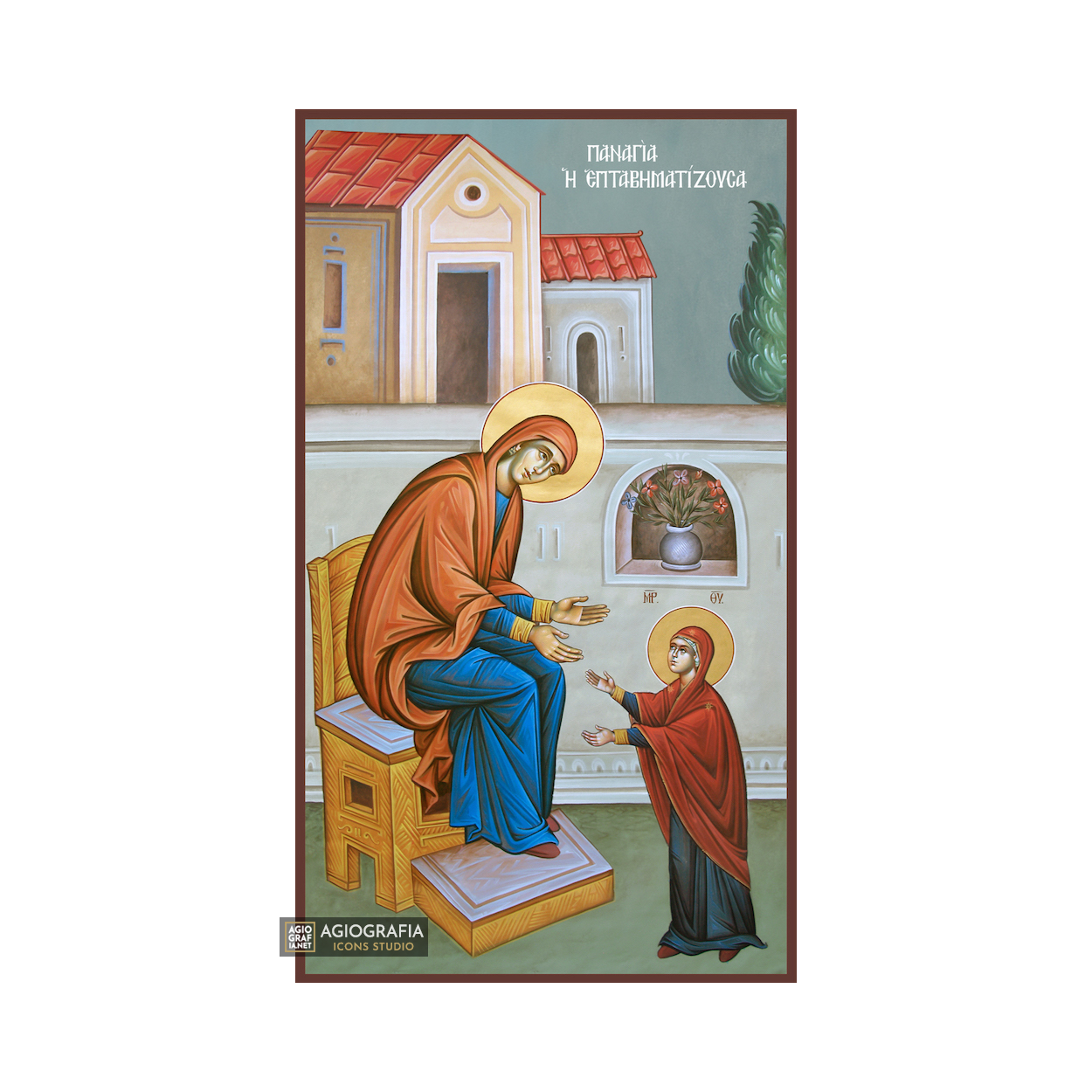 Virgin Mary Eptavimatizousa Orthodox Wood Icon with Blue Background