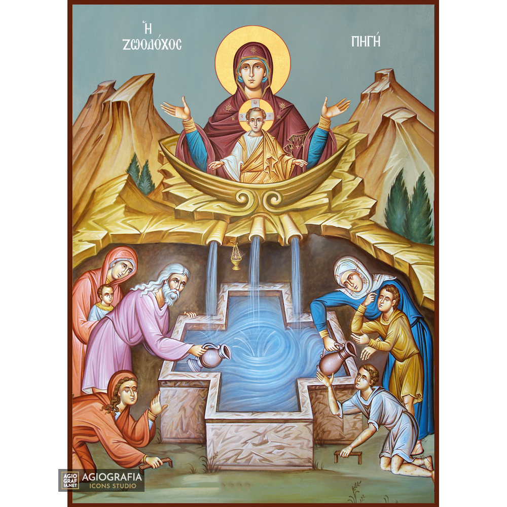 Virgin Mary Fountain of Life Greek Icon with Blue Background