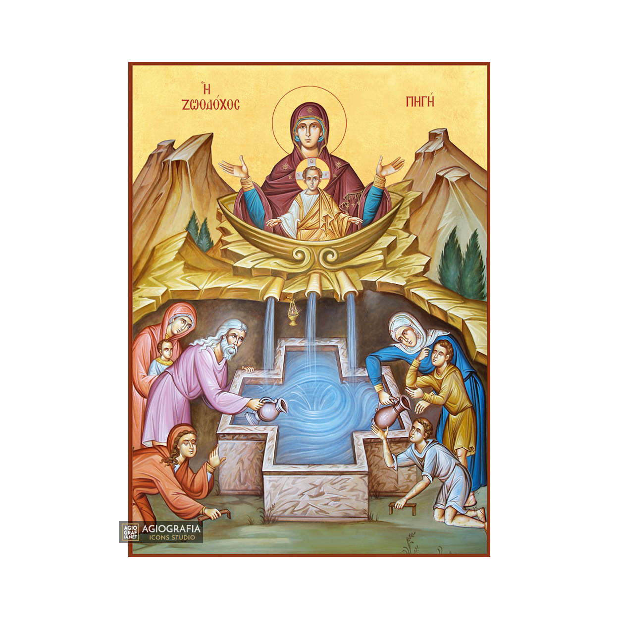 22k Virgin Mary Fountain of Life - Gold Leaf Christian Orthodox Icon