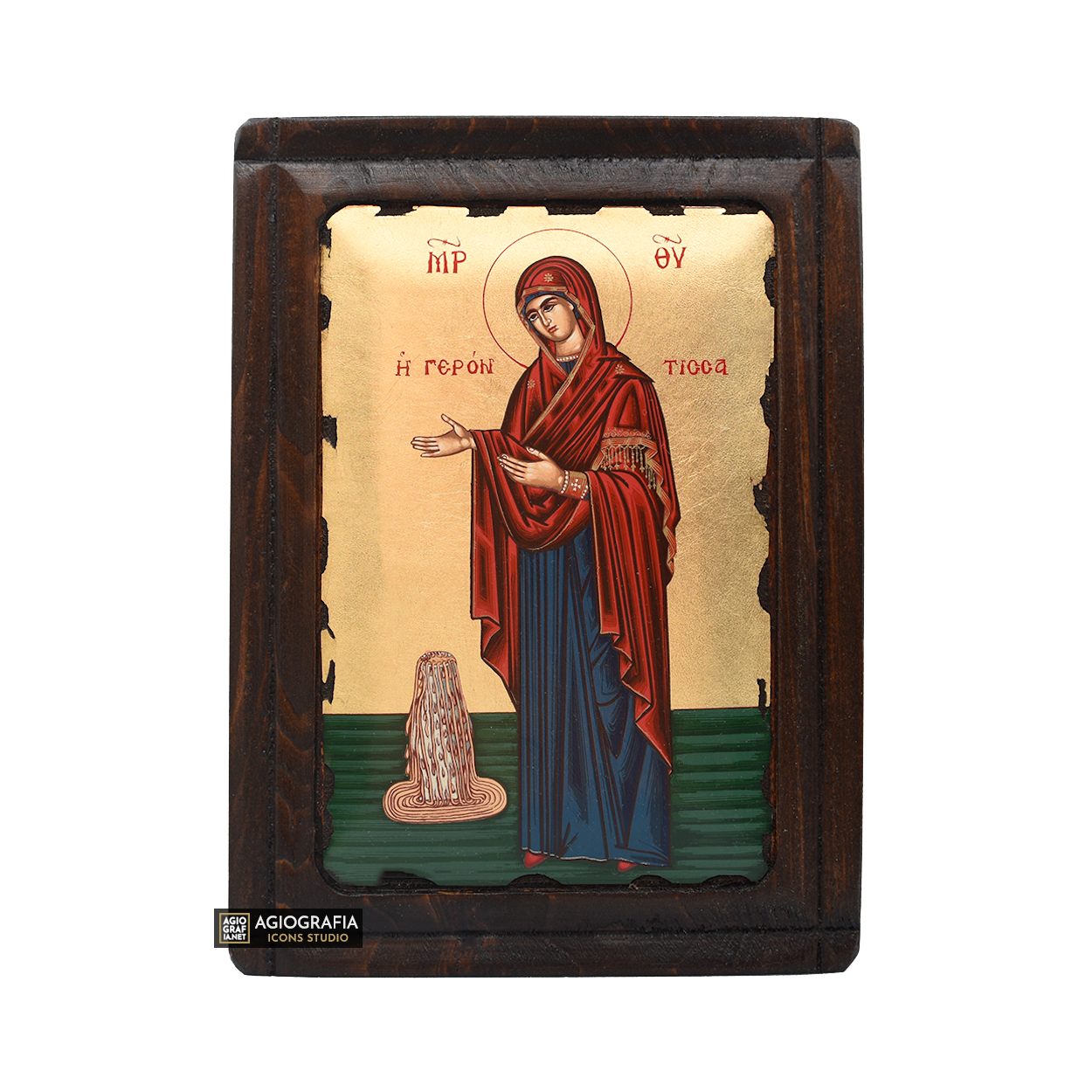 Virgin Mary Gerontissa Greek Orthodox Wood Icon with Gold Leaf