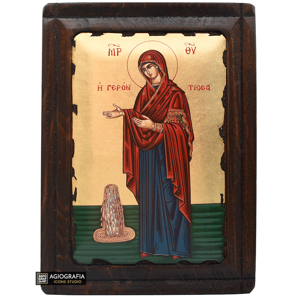 Virgin Mary Gerontissa Greek Orthodox Wood Icon with Gold Leaf