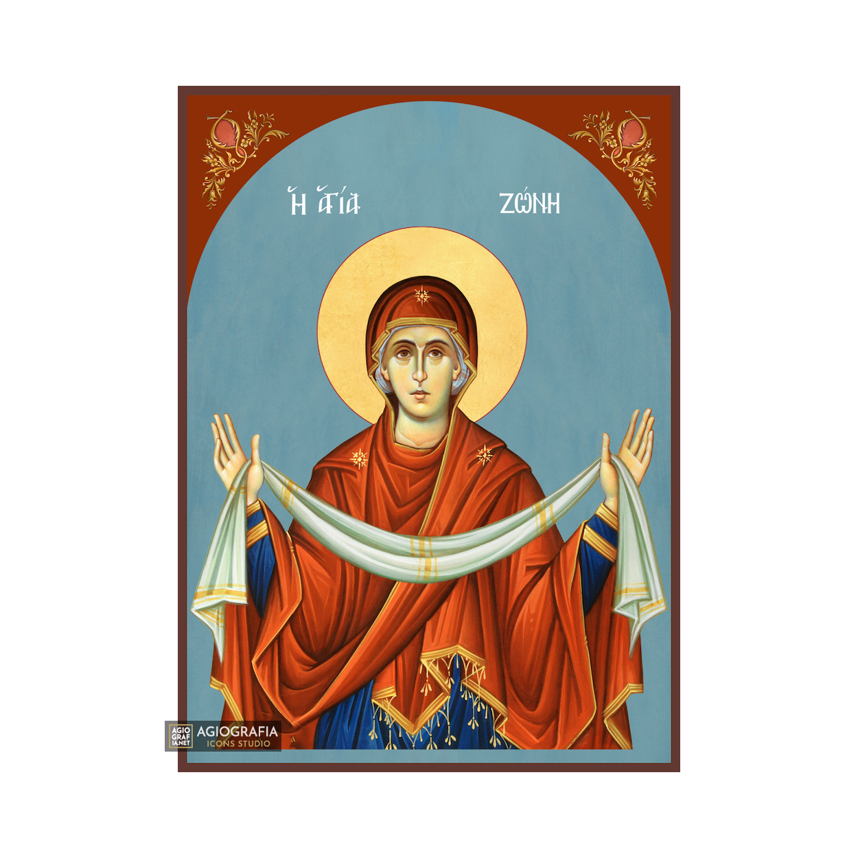 Virgin Mary Holy Cincture Byzantine Icon with Blue Background