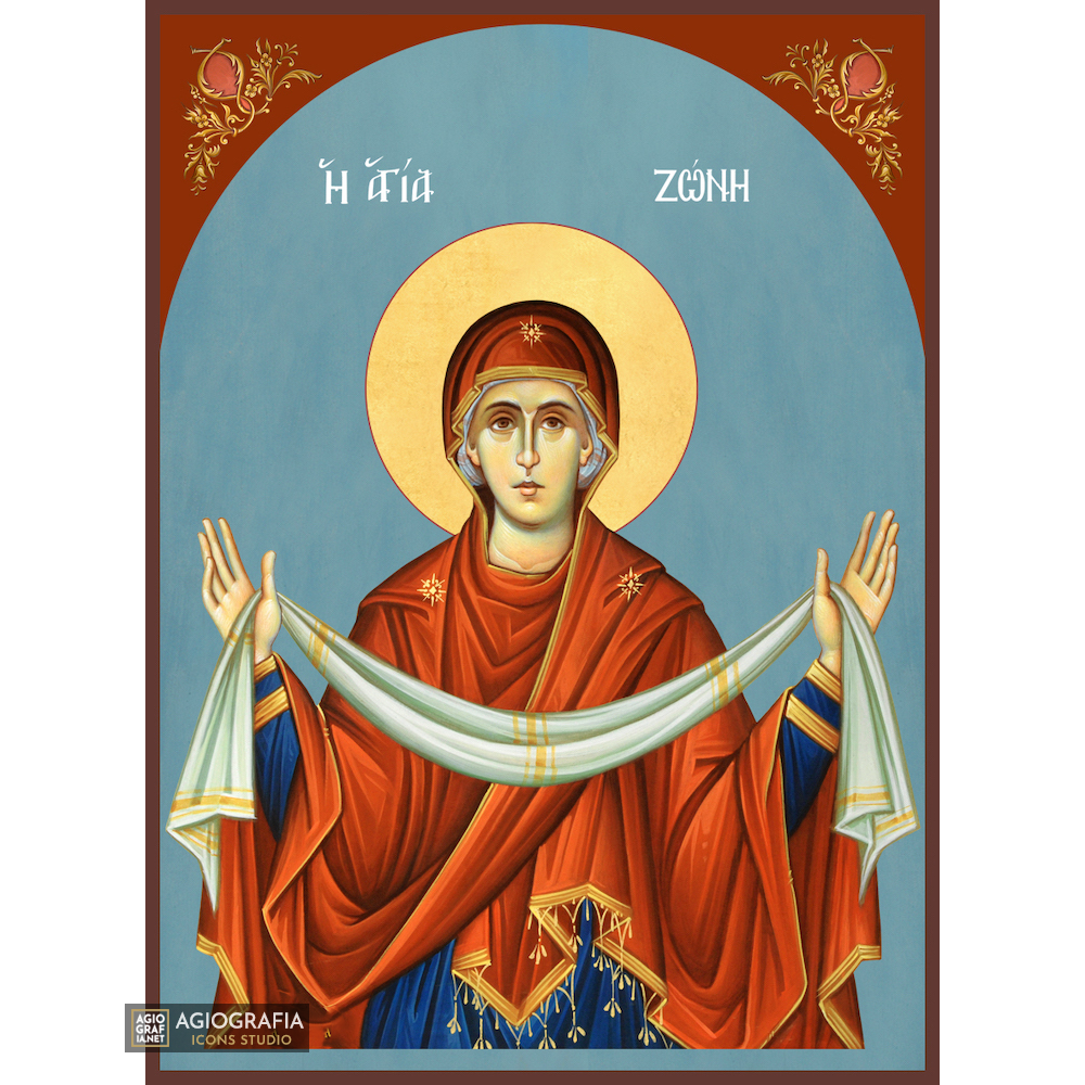 Virgin Mary Holy Cincture Byzantine Icon with Blue Background
