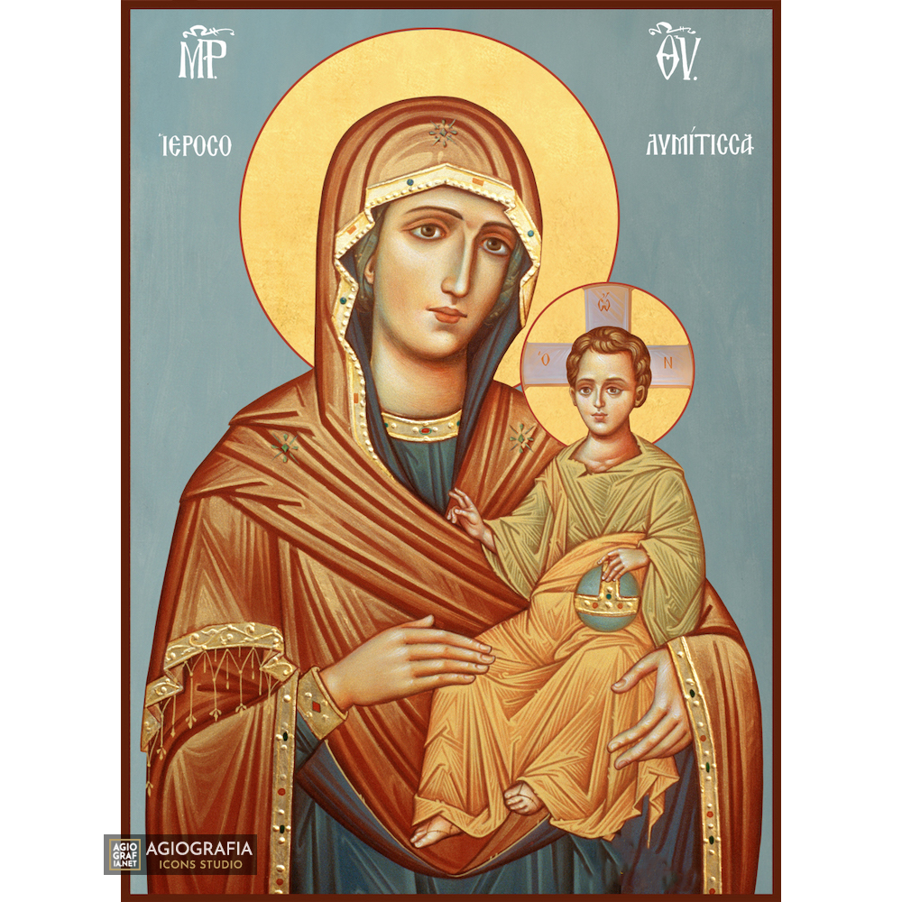 Virgin Mary of Jerusalem Greek Orthodox Icon with Blue Background