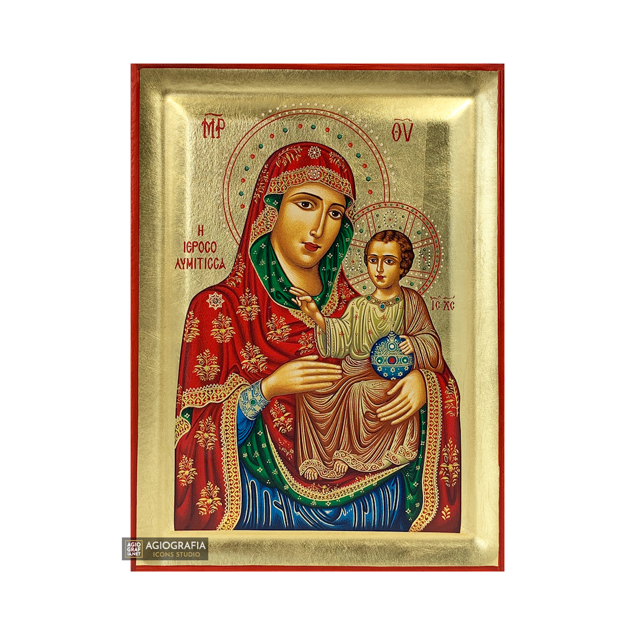 Virgin Mary of Jerusalem Eastern Christian Icon on Wood with Gold Leaf
