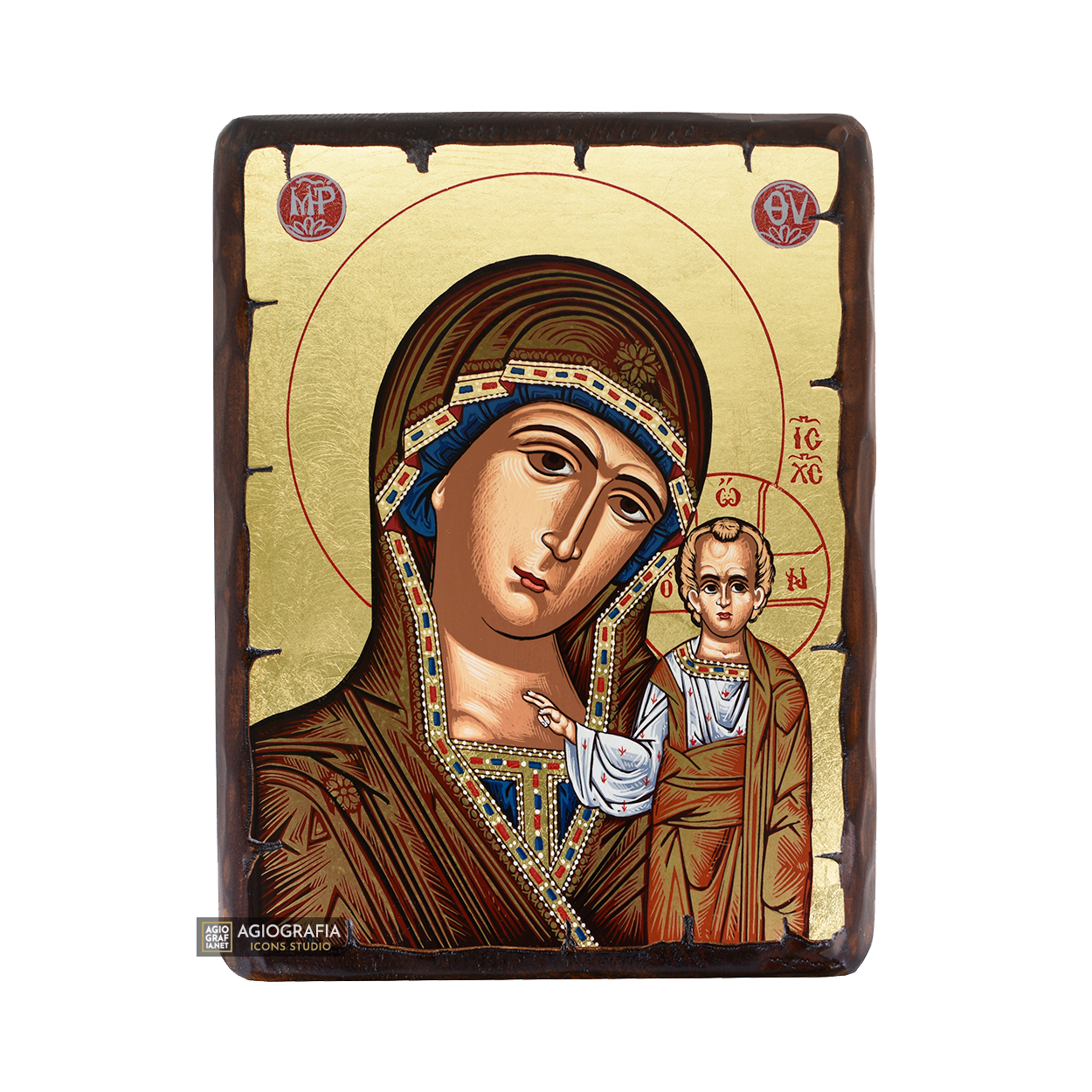 Virgin Mary of Kazan Greek Orthodox Wood Icon with Gold Leaf