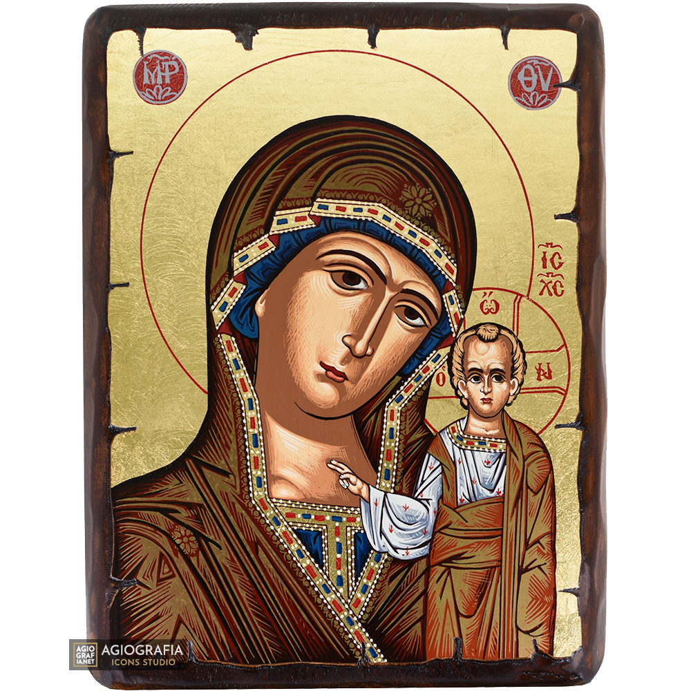 Virgin Mary of Kazan Greek Orthodox Wood Icon with Gold Leaf