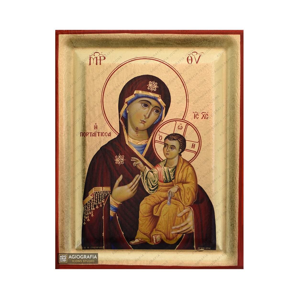 Virgin Mary Portaitissa Mount Athos Wood Icon with Gold Leaf
