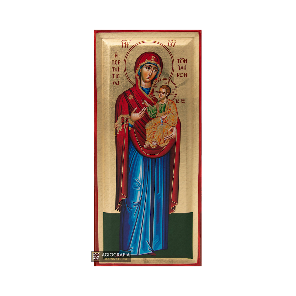 Virgin Mary Portaitissa Mount Athos Orthodox Wood Icon with Gold Leaf