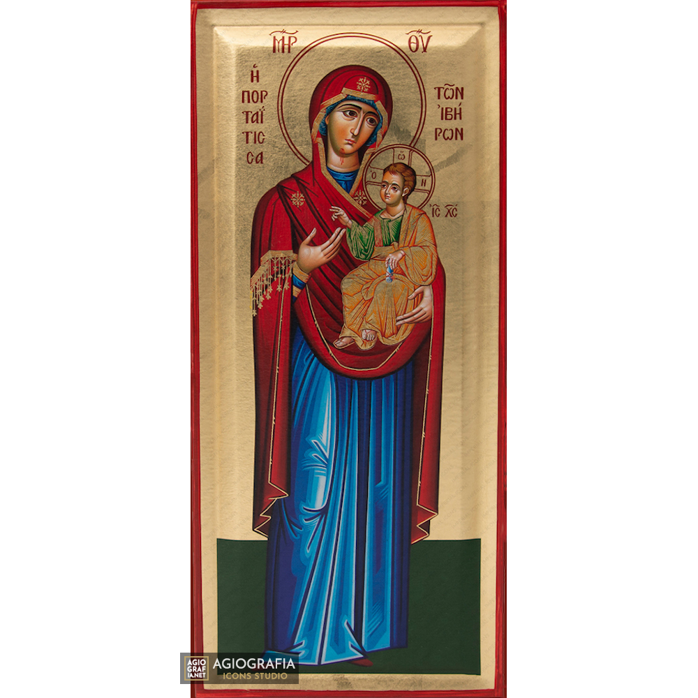 Virgin Mary Portaitissa Mount Athos Orthodox Wood Icon with Gold Leaf