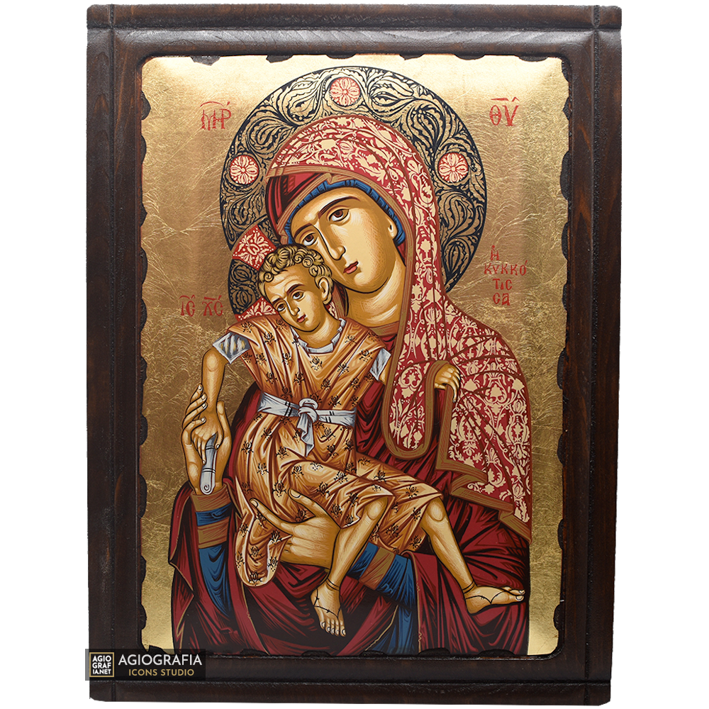 Virgin Mary of Kykkou Greek Orthodox Wood Icon with Gold Leaf