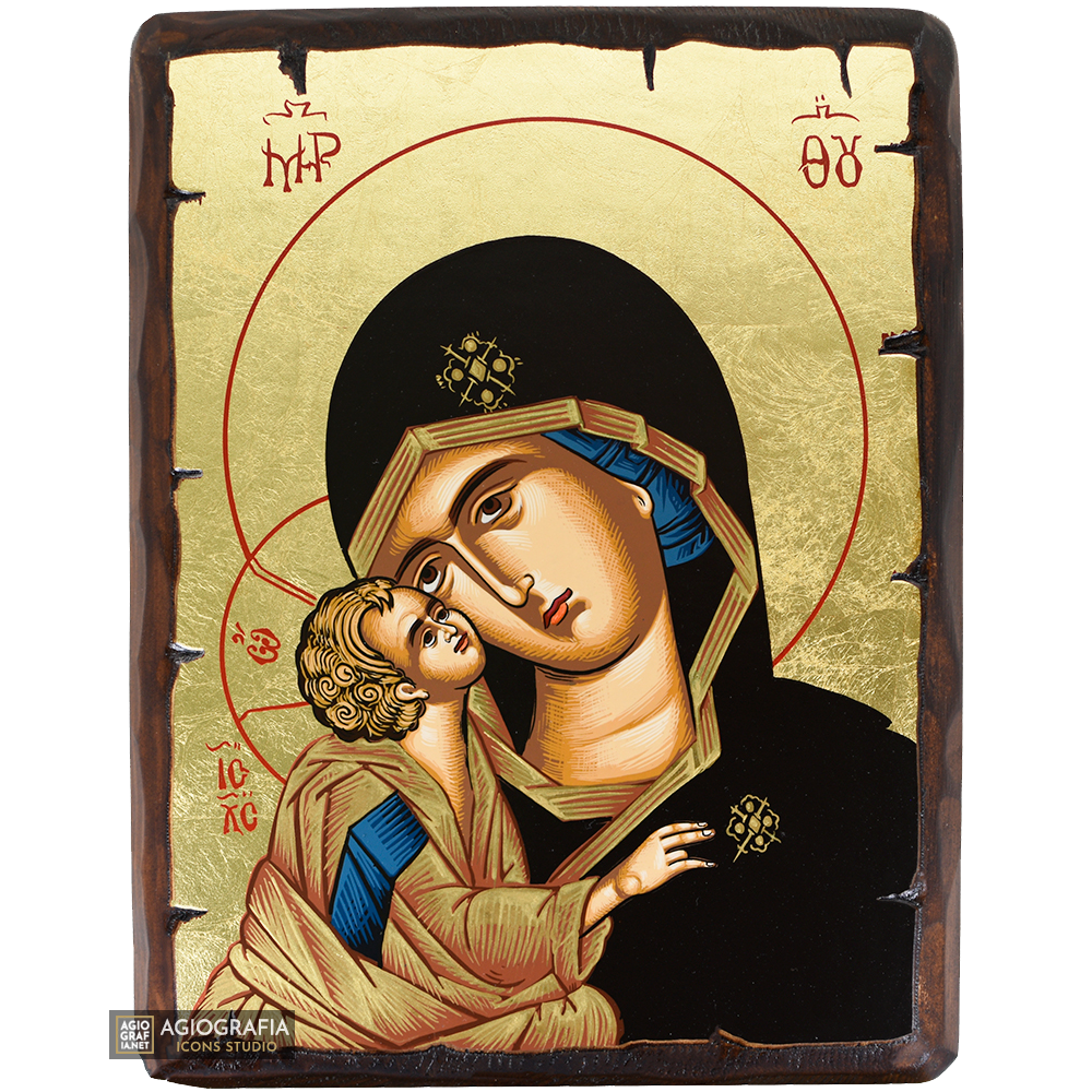 Virgin Mary of Great Grace Greek Orthodox Wood Icon with Gold Leaf