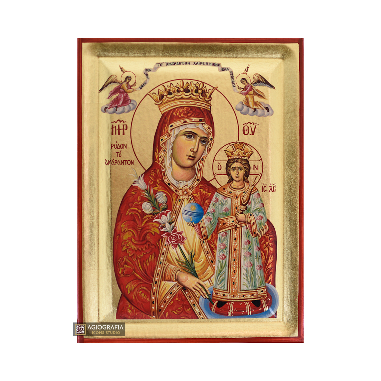 Virgin Mary the Mystical Rose Greek Orthodox Wood Icon with Gold Leaf