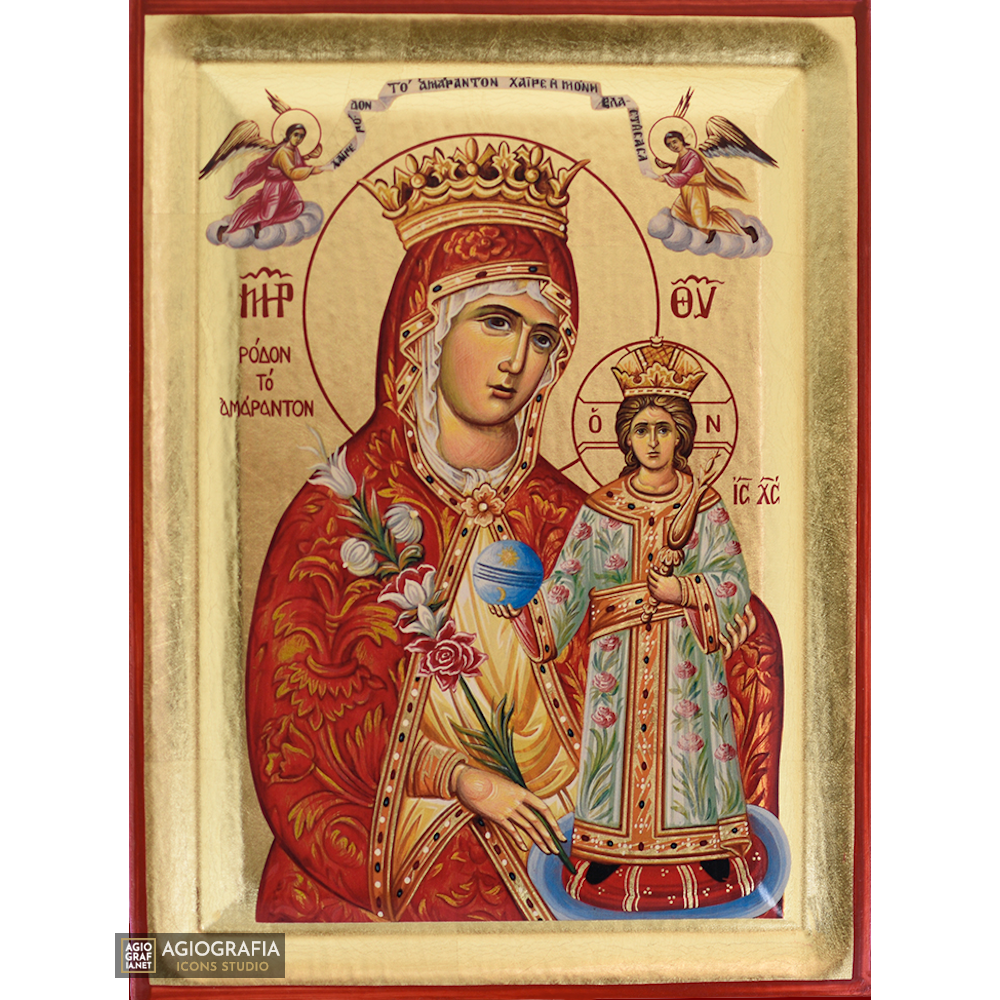 Virgin Mary the Mystical Rose Greek Orthodox Wood Icon with Gold Leaf