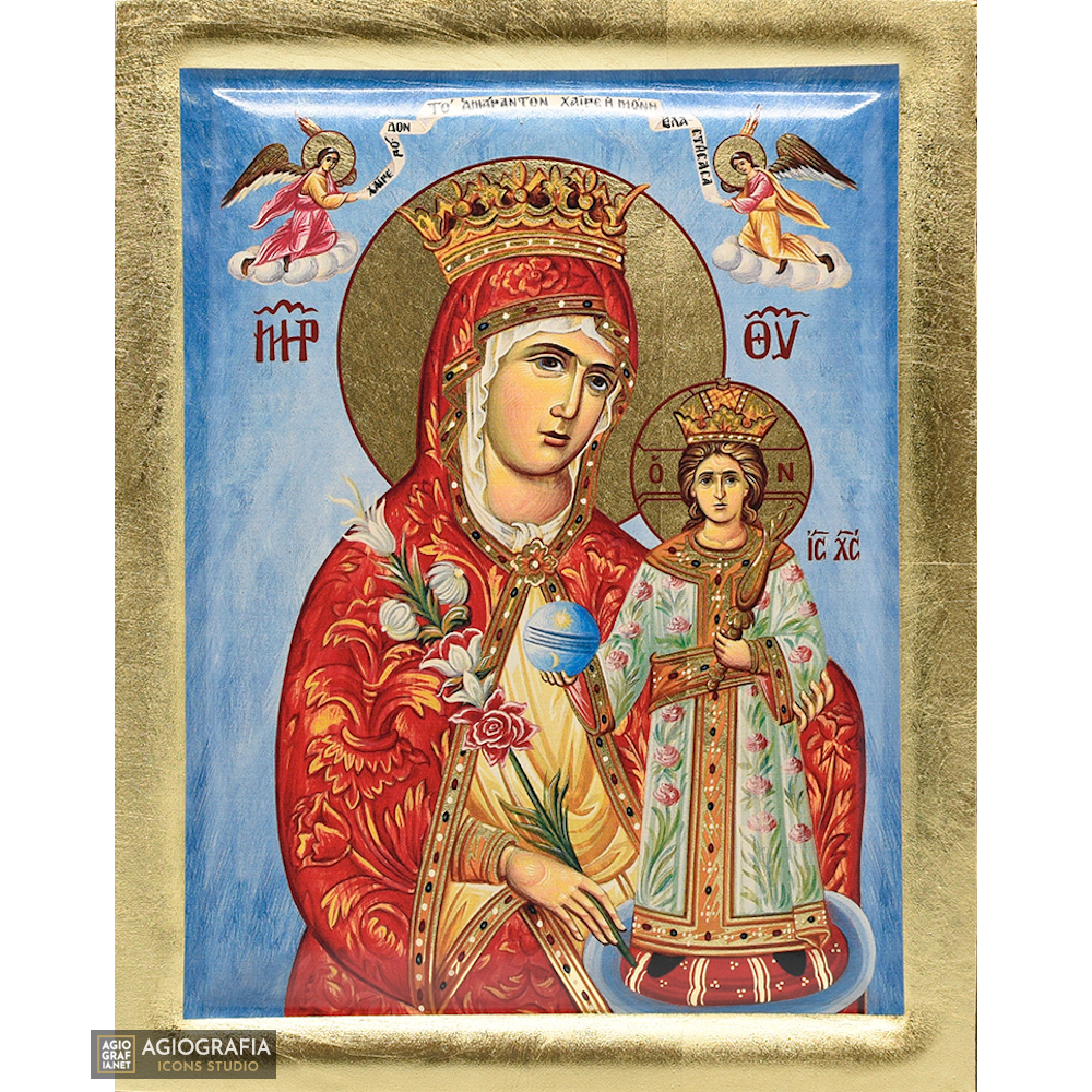 Virgin Mary the Mystical Rose Greek Orthodox Wood Icon with Gold Leaf