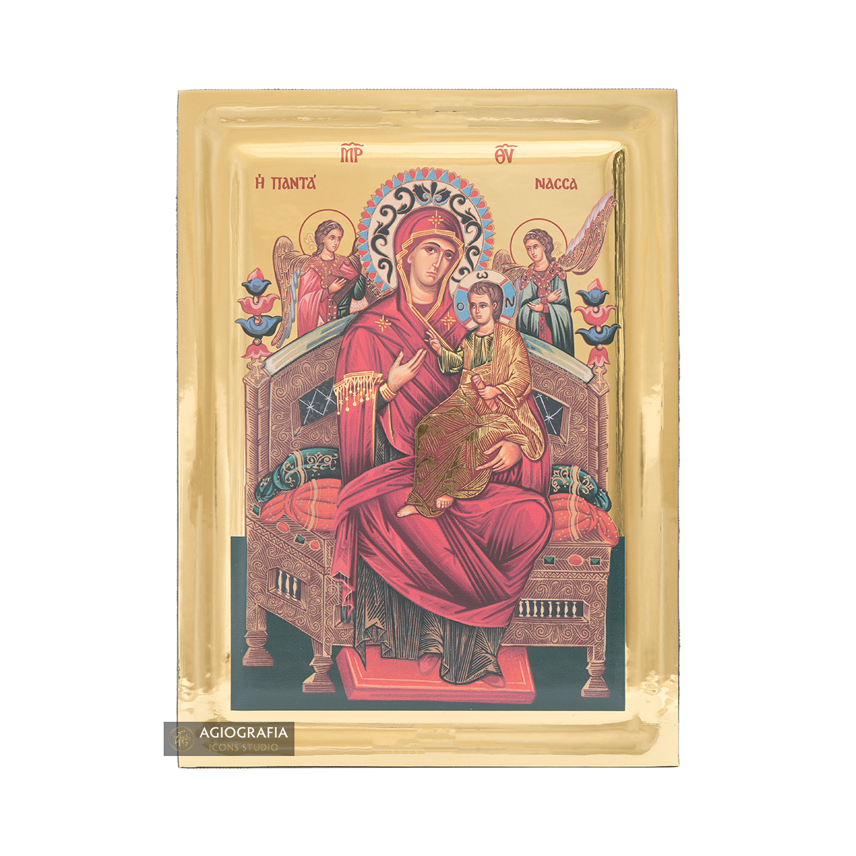 Virgin Mary Queen of All Greek Icon on Wood with Gilding Effect