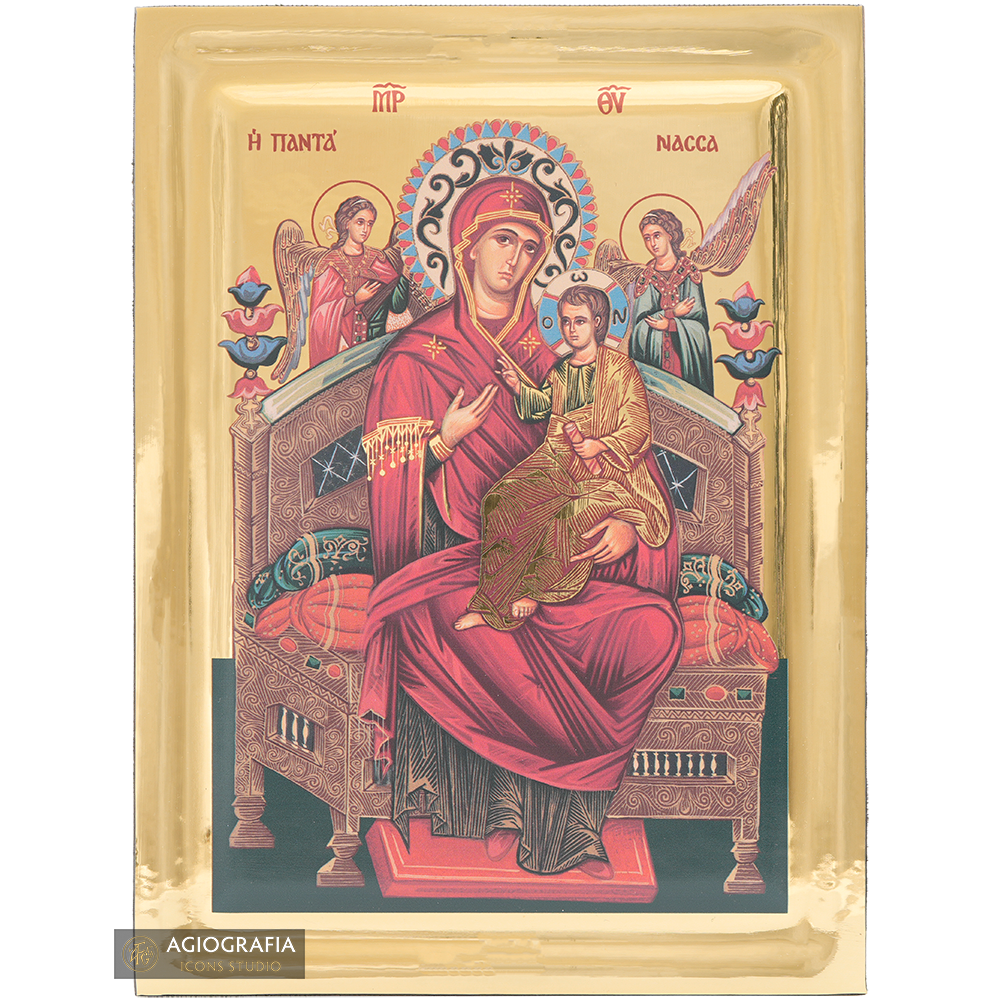 Virgin Mary Queen of All Greek Icon on Wood with Gilding Effect