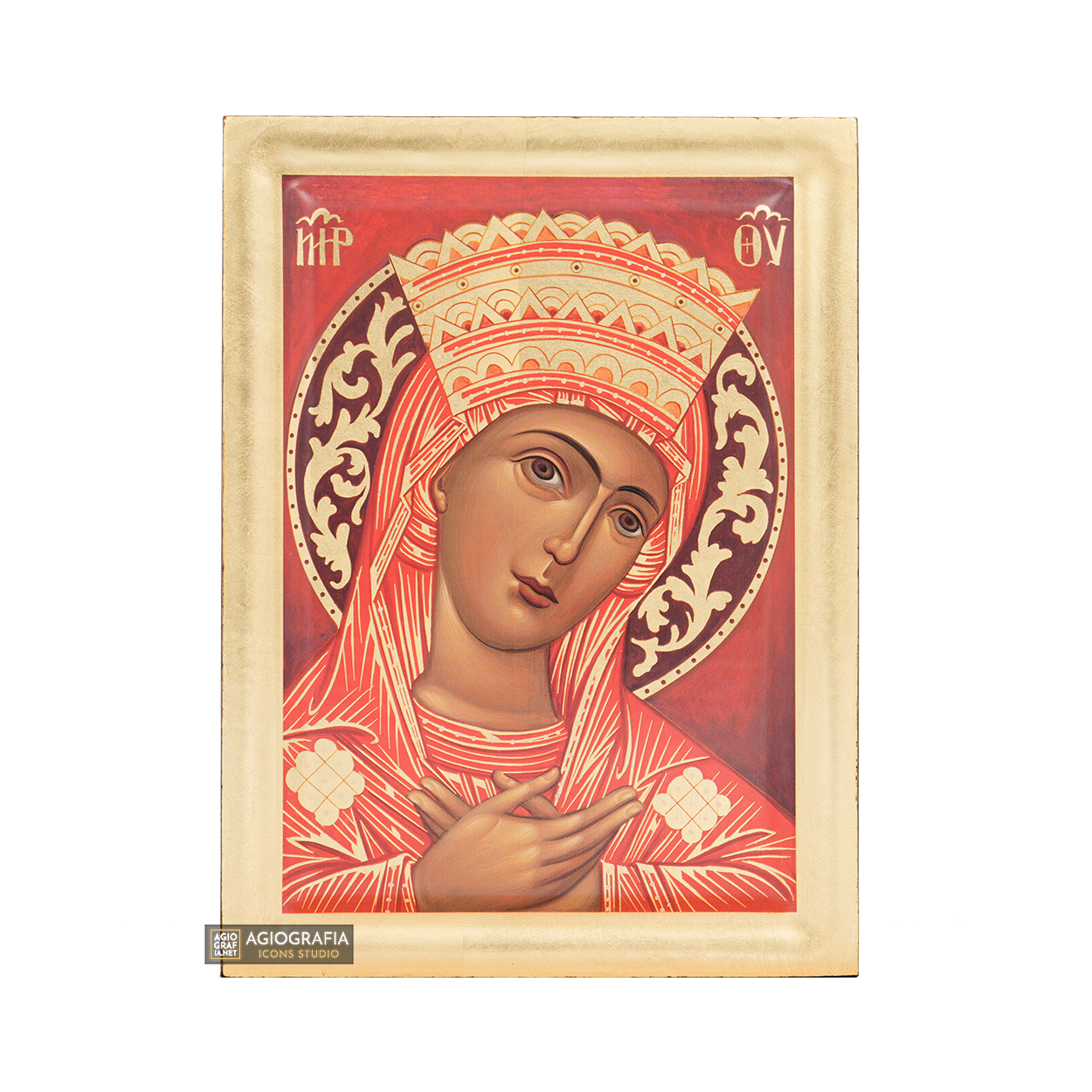 Virgin Mary (Red background) Orthodox Icon with Gold Leaves