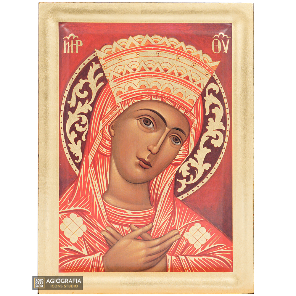 Virgin Mary (Red background) Orthodox Icon with Gold Leaves