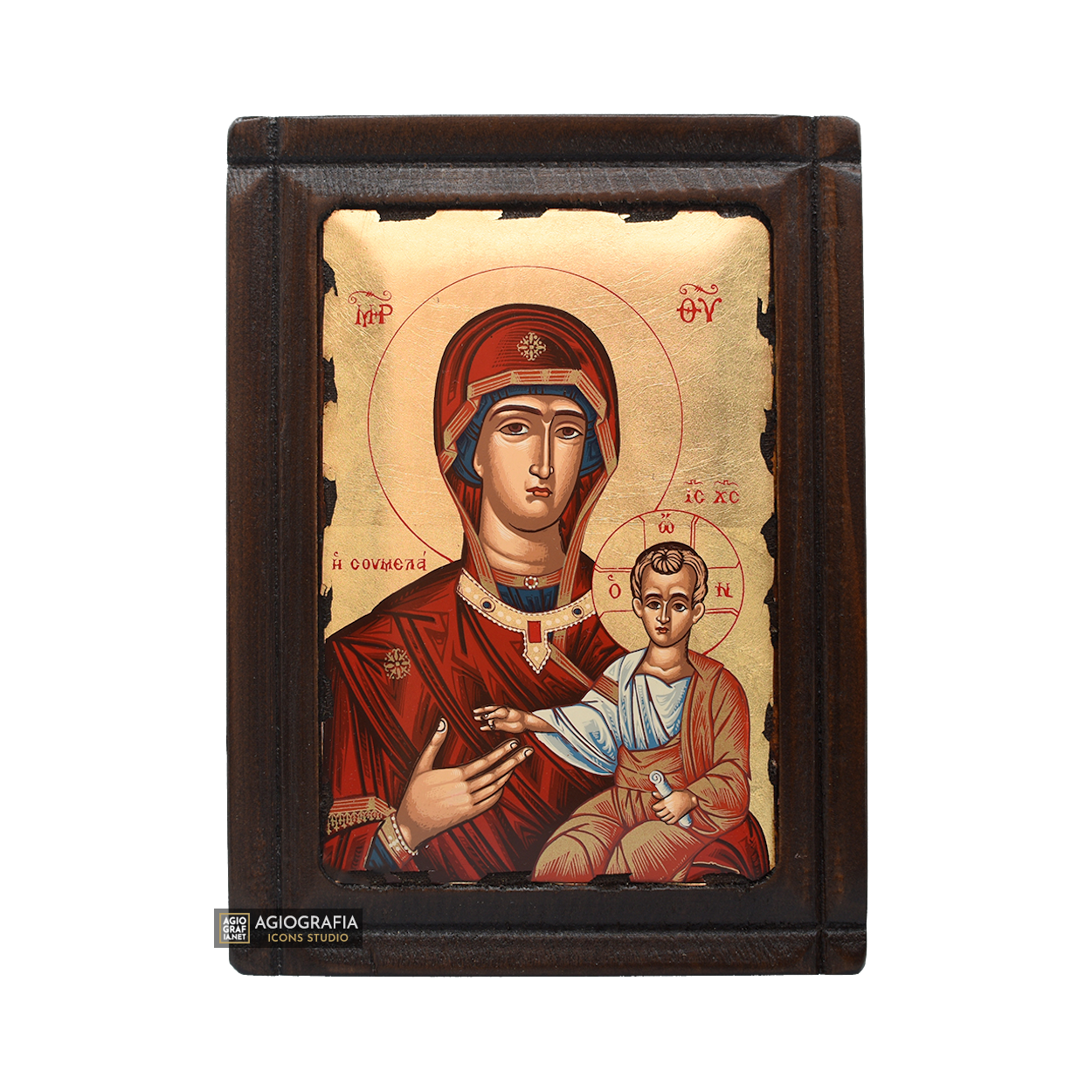 Virgin Mary Soumela from Pontos Orthodox Wood Icon with Gold Leaf
