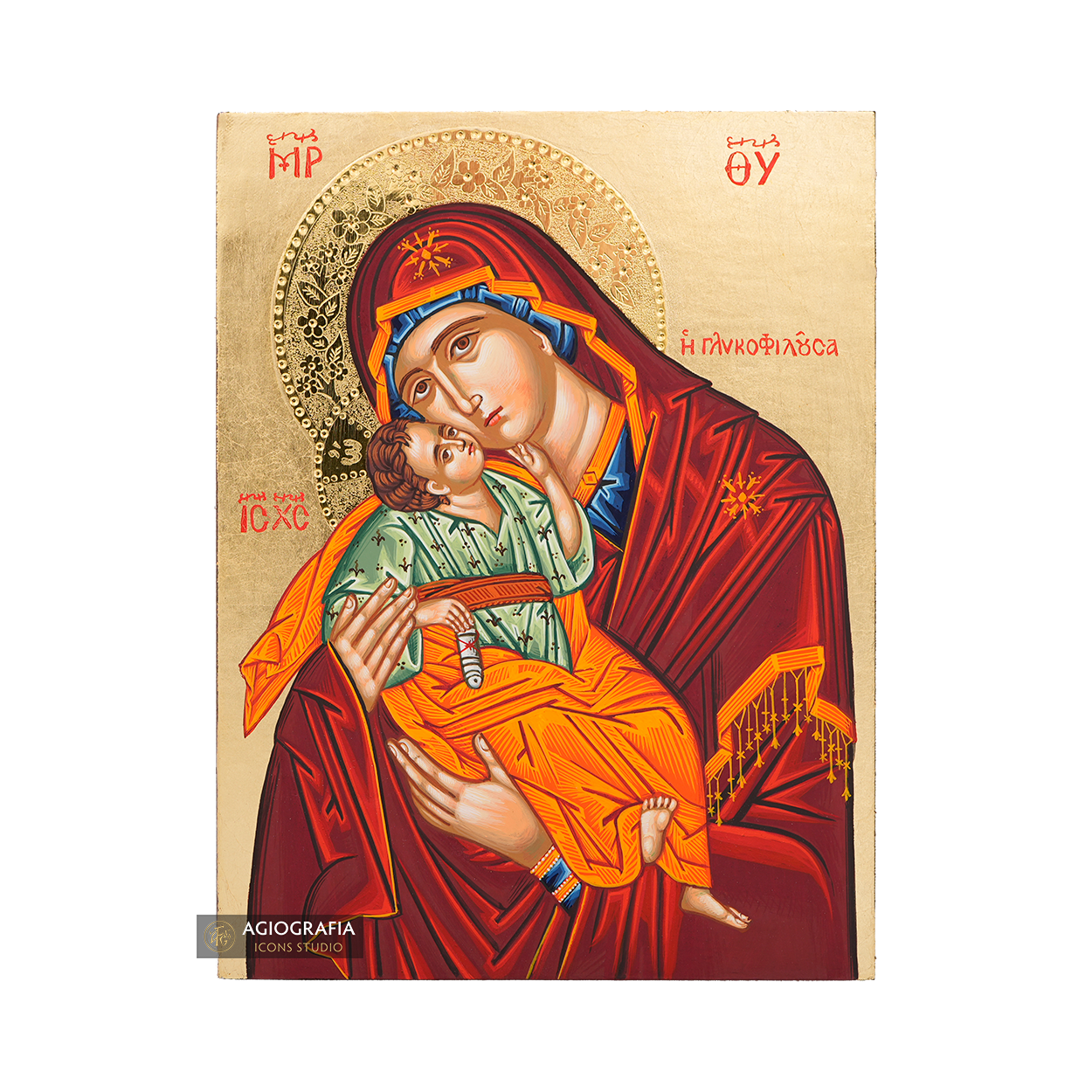 Virgin Mary Sweet Kissing Handwritten Icon with Gold Leaves and 24k Polished Engraved Halo