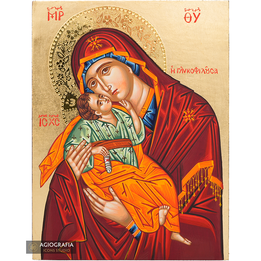 Virgin Mary Sweet Kissing Handwritten Icon with Gold Leaves and 24k Polished Engraved Halo
