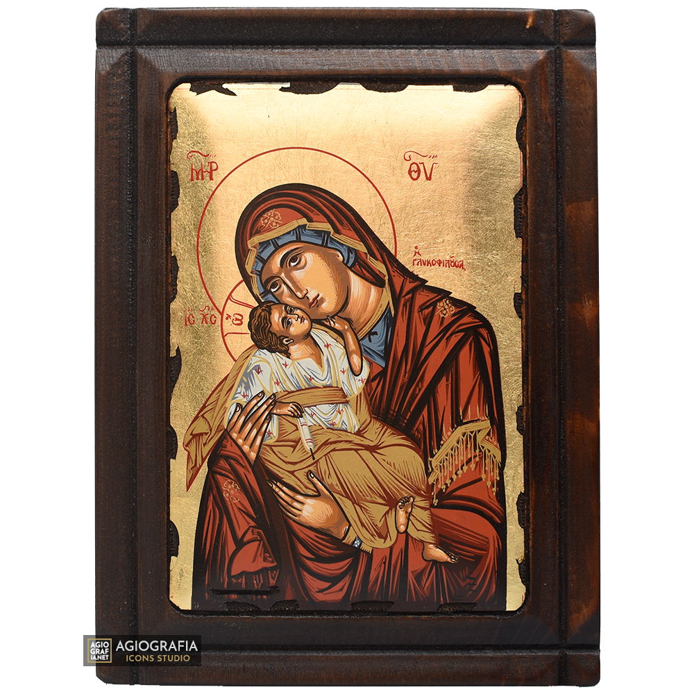 Virgin Mary Sweet Kissing Orthodox Wood Icon with Gold Leaf