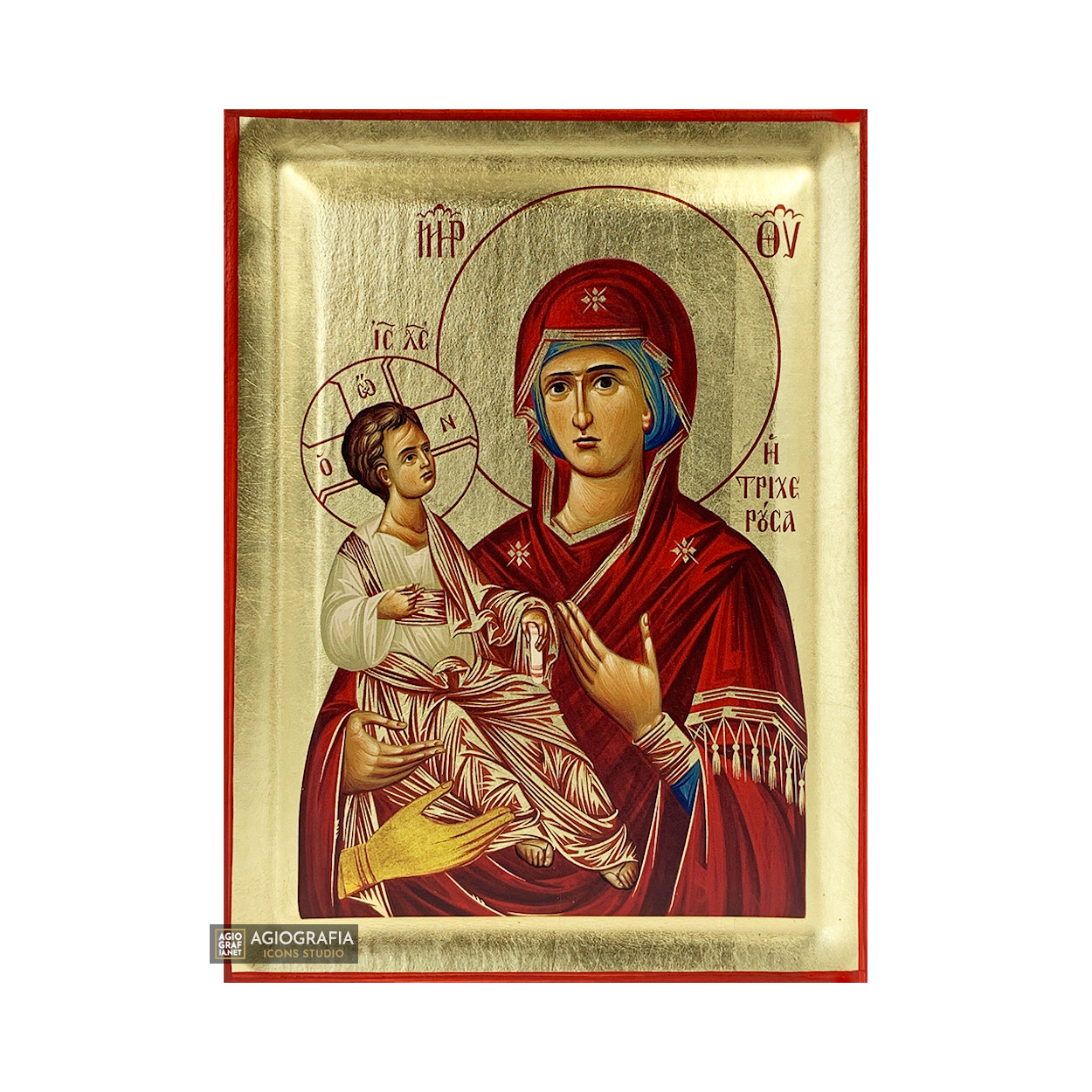 Virgin Mary with Three Hands Orthodox Wood Icon with Gold Leaf