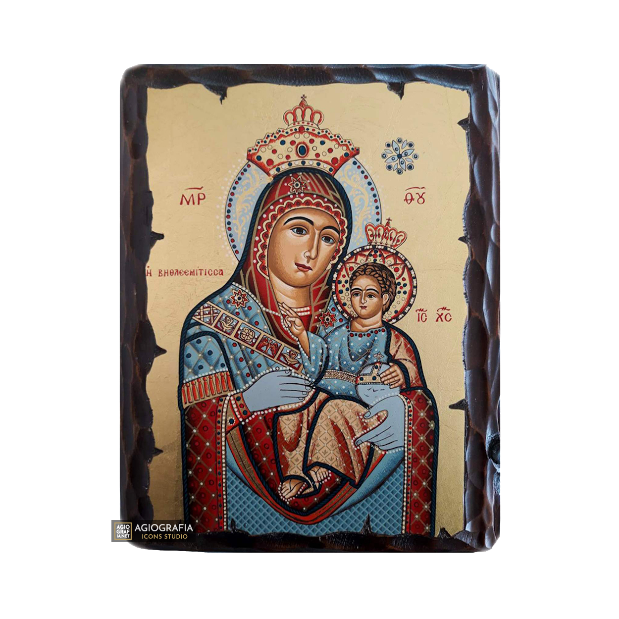 Virgin Mary of Bethleem Greek Orthodox Wood Icon with Gold Leaf